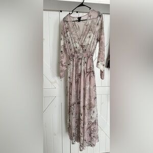 Smocked Waist Pink Floral Maxi Dress with V-Neck
